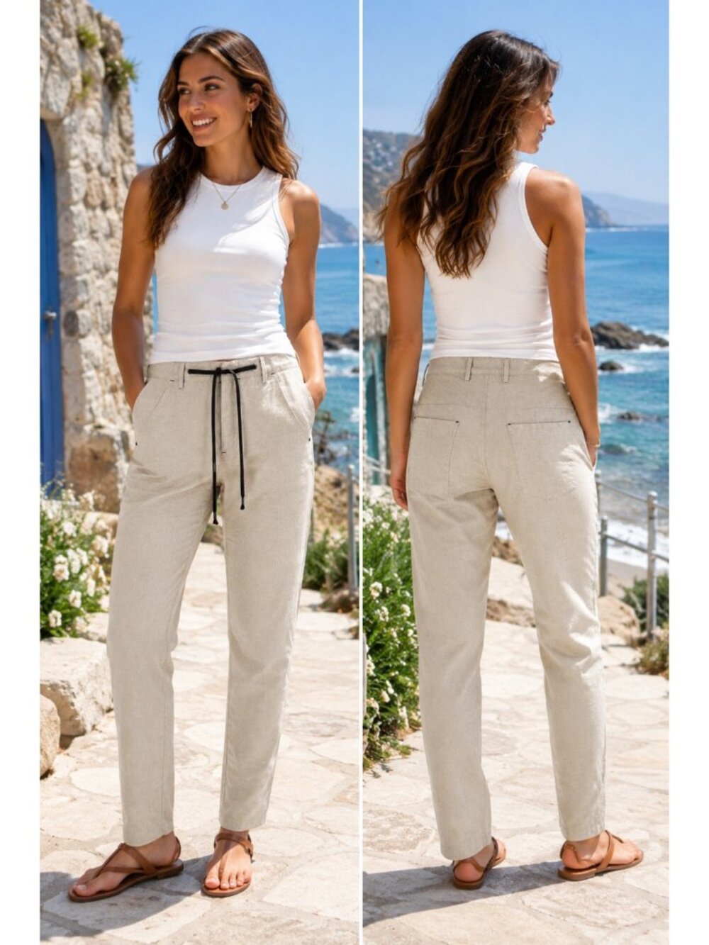 NEW Matias Rivera Tamashi Ecru Linen Blend Casual Pant Cream Womens Medium